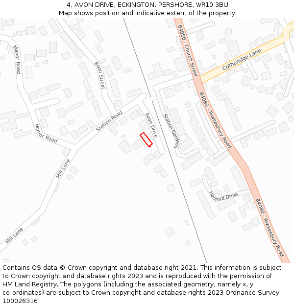 4, AVON DRIVE, ECKINGTON, PERSHORE, WR10 3BU: Location map and indicative extent of plot