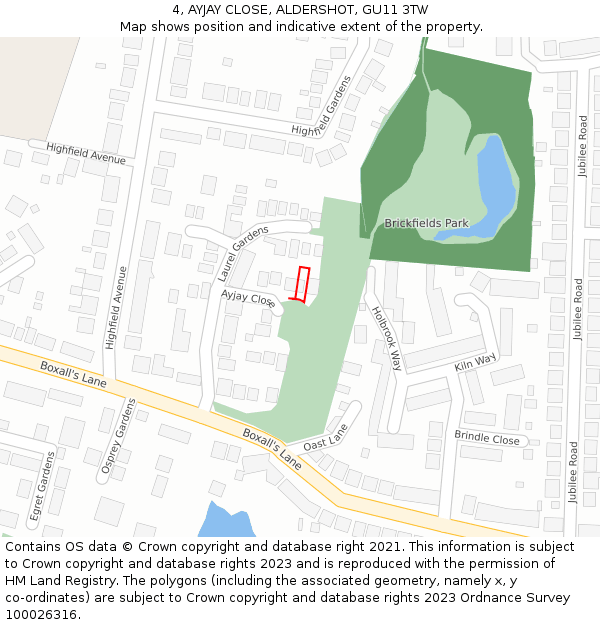 4, AYJAY CLOSE, ALDERSHOT, GU11 3TW: Location map and indicative extent of plot