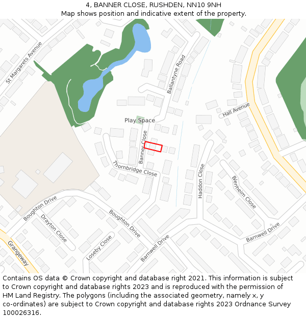 4, BANNER CLOSE, RUSHDEN, NN10 9NH: Location map and indicative extent of plot