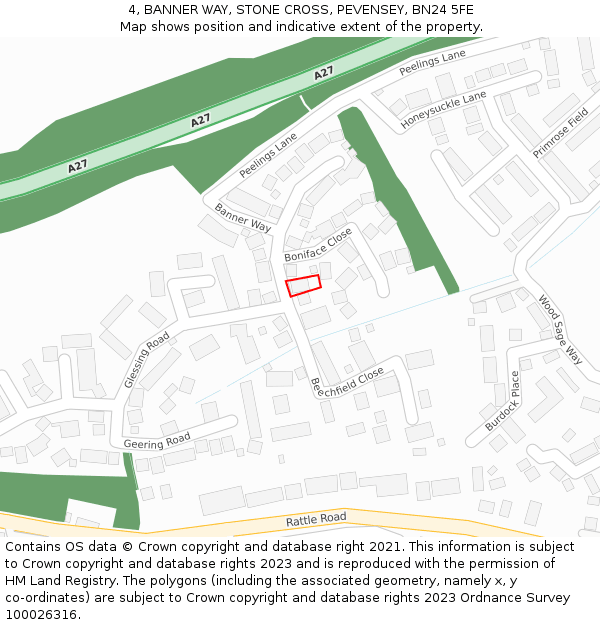 4, BANNER WAY, STONE CROSS, PEVENSEY, BN24 5FE: Location map and indicative extent of plot