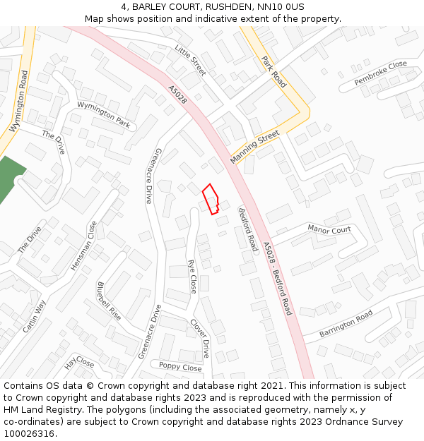 4, BARLEY COURT, RUSHDEN, NN10 0US: Location map and indicative extent of plot