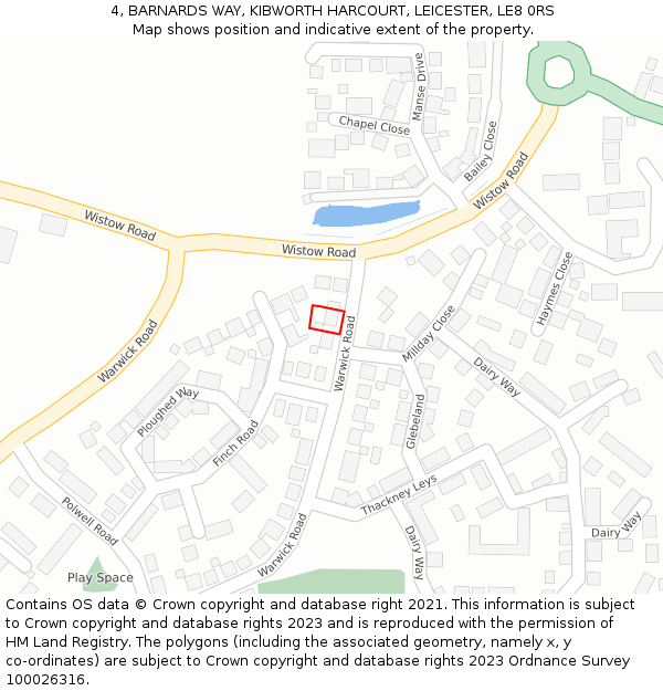 4, BARNARDS WAY, KIBWORTH HARCOURT, LEICESTER, LE8 0RS: Location map and indicative extent of plot