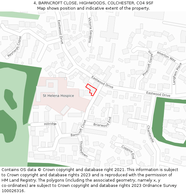 4, BARNCROFT CLOSE, HIGHWOODS, COLCHESTER, CO4 9SF: Location map and indicative extent of plot