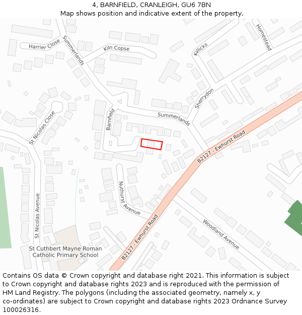 4, BARNFIELD, CRANLEIGH, GU6 7BN: Location map and indicative extent of plot