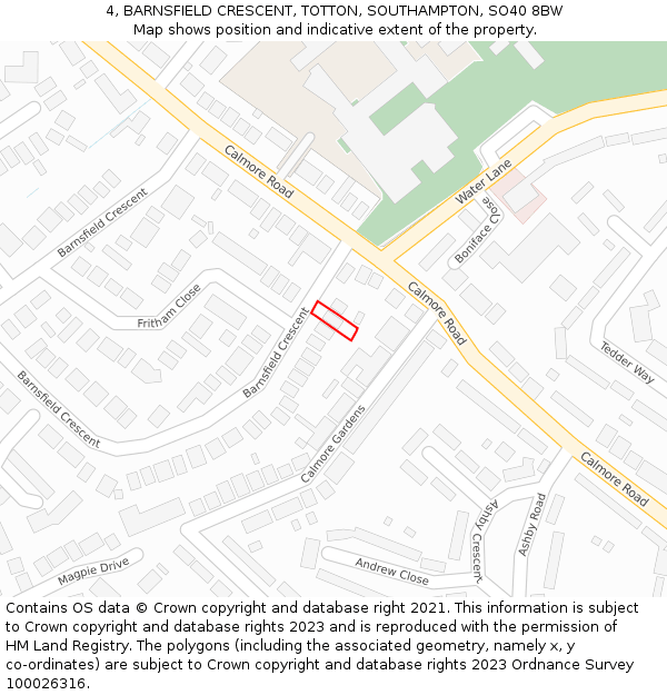 4, BARNSFIELD CRESCENT, TOTTON, SOUTHAMPTON, SO40 8BW: Location map and indicative extent of plot