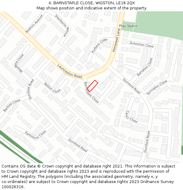 4, BARNSTAPLE CLOSE, WIGSTON, LE18 2QX: Location map and indicative extent of plot