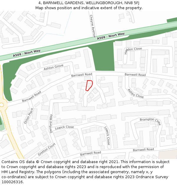 4, BARNWELL GARDENS, WELLINGBOROUGH, NN8 5FJ: Location map and indicative extent of plot