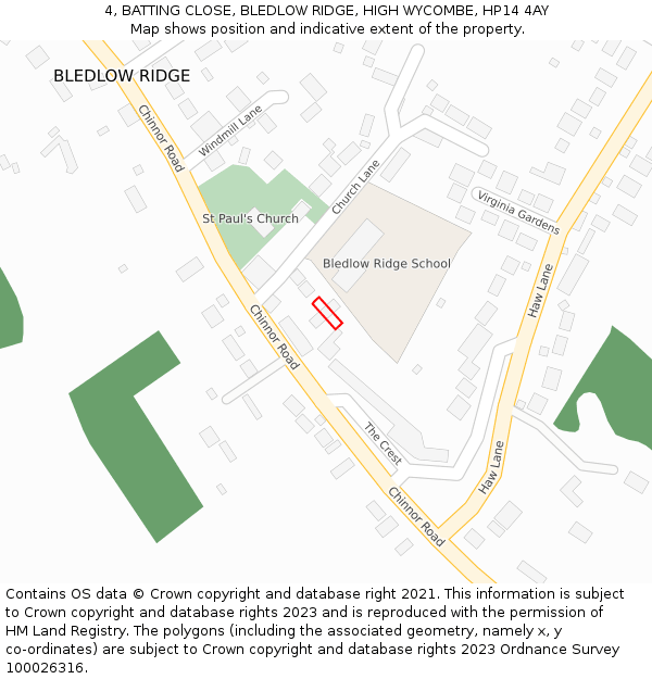 4, BATTING CLOSE, BLEDLOW RIDGE, HIGH WYCOMBE, HP14 4AY: Location map and indicative extent of plot