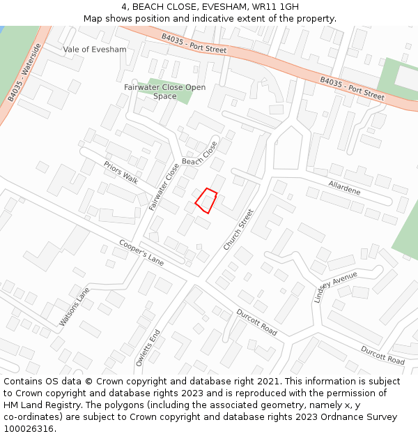 4, BEACH CLOSE, EVESHAM, WR11 1GH: Location map and indicative extent of plot