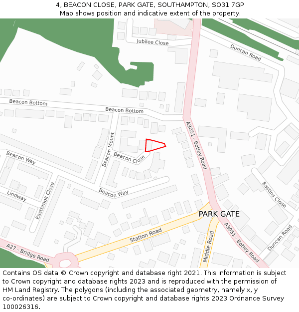 4, BEACON CLOSE, PARK GATE, SOUTHAMPTON, SO31 7GP: Location map and indicative extent of plot