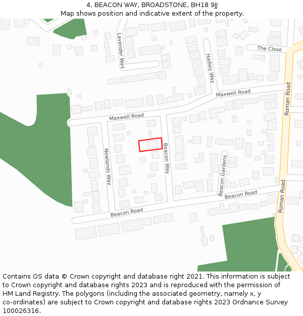 4, BEACON WAY, BROADSTONE, BH18 9JJ: Location map and indicative extent of plot