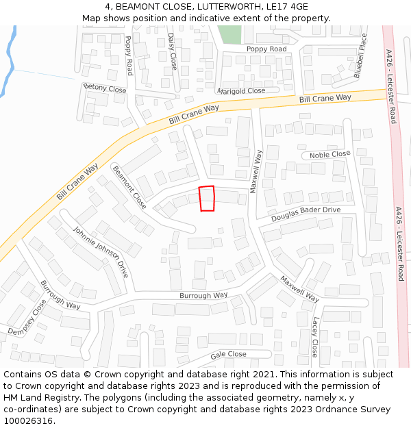 4, BEAMONT CLOSE, LUTTERWORTH, LE17 4GE: Location map and indicative extent of plot
