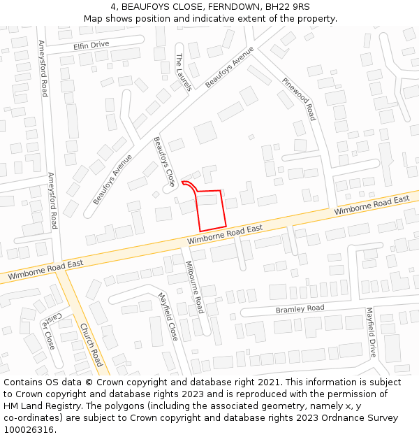 4, BEAUFOYS CLOSE, FERNDOWN, BH22 9RS: Location map and indicative extent of plot