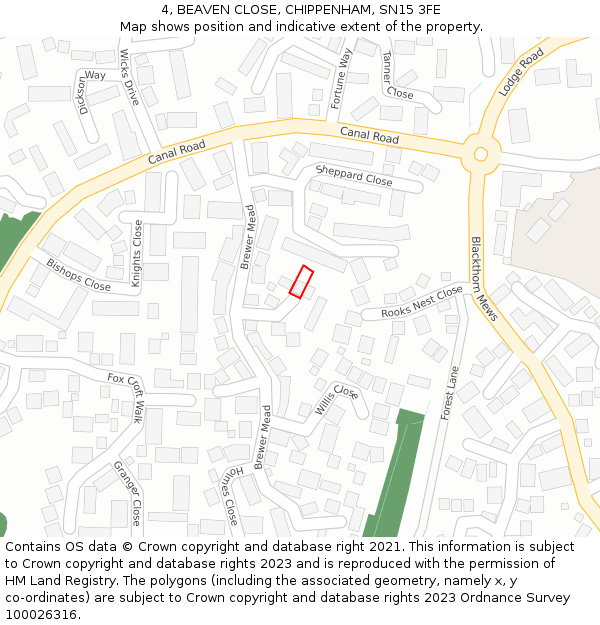 4, BEAVEN CLOSE, CHIPPENHAM, SN15 3FE: Location map and indicative extent of plot