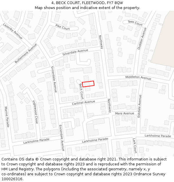 4, BECK COURT, FLEETWOOD, FY7 8QW: Location map and indicative extent of plot