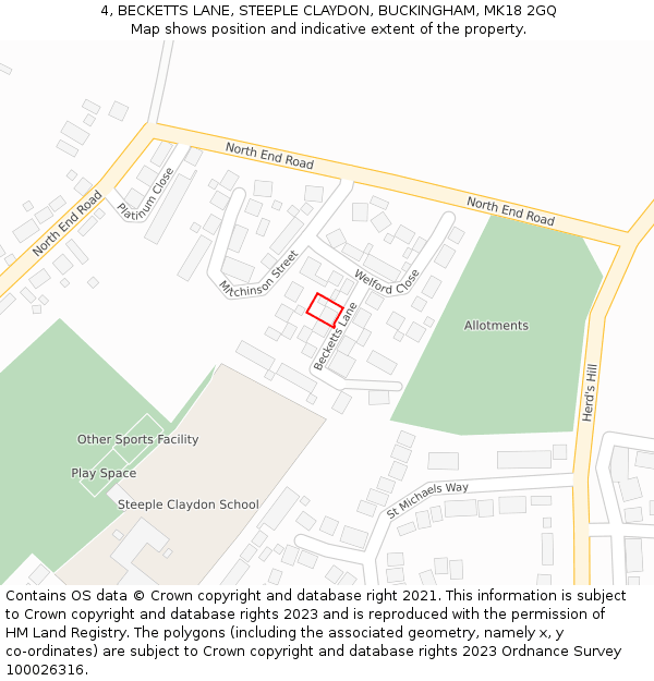 4, BECKETTS LANE, STEEPLE CLAYDON, BUCKINGHAM, MK18 2GQ: Location map and indicative extent of plot