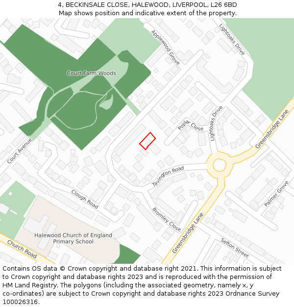 4, BECKINSALE CLOSE, HALEWOOD, LIVERPOOL, L26 6BD: Location map and indicative extent of plot