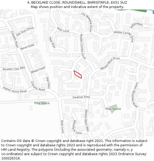 4, BECKLAKE CLOSE, ROUNDSWELL, BARNSTAPLE, EX31 3UZ: Location map and indicative extent of plot