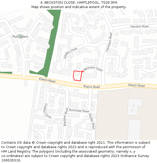 4, BECKSTON CLOSE, HARTLEPOOL, TS26 0PA: Location map and indicative extent of plot