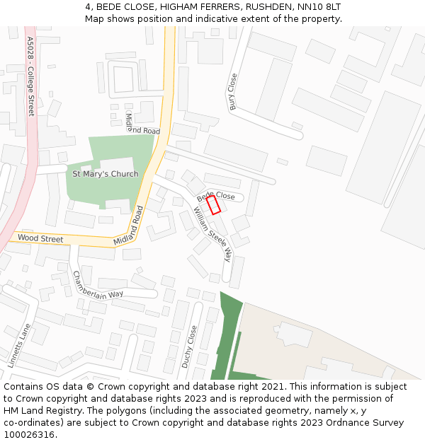 4, BEDE CLOSE, HIGHAM FERRERS, RUSHDEN, NN10 8LT: Location map and indicative extent of plot