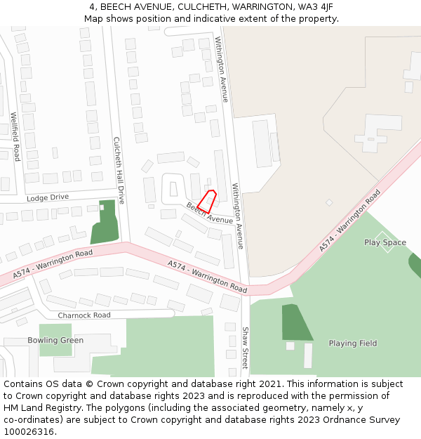 4, BEECH AVENUE, CULCHETH, WARRINGTON, WA3 4JF: Location map and indicative extent of plot