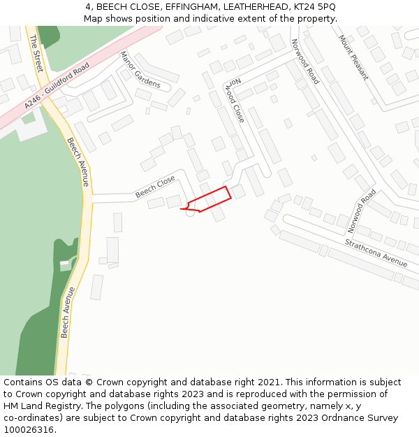 4, BEECH CLOSE, EFFINGHAM, LEATHERHEAD, KT24 5PQ: Location map and indicative extent of plot