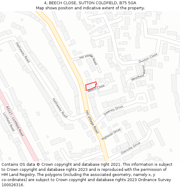 4, BEECH CLOSE, SUTTON COLDFIELD, B75 5GA: Location map and indicative extent of plot
