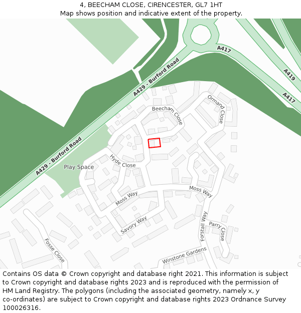 4, BEECHAM CLOSE, CIRENCESTER, GL7 1HT: Location map and indicative extent of plot