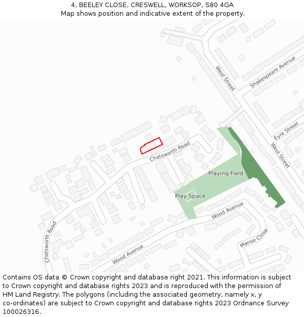 4, BEELEY CLOSE, CRESWELL, WORKSOP, S80 4GA: Location map and indicative extent of plot