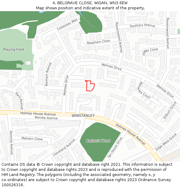 4, BELGRAVE CLOSE, WIGAN, WN3 6EW: Location map and indicative extent of plot