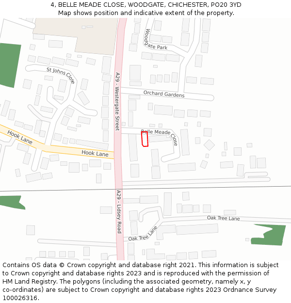 4, BELLE MEADE CLOSE, WOODGATE, CHICHESTER, PO20 3YD: Location map and indicative extent of plot