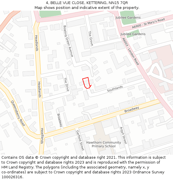 4, BELLE VUE CLOSE, KETTERING, NN15 7QR: Location map and indicative extent of plot