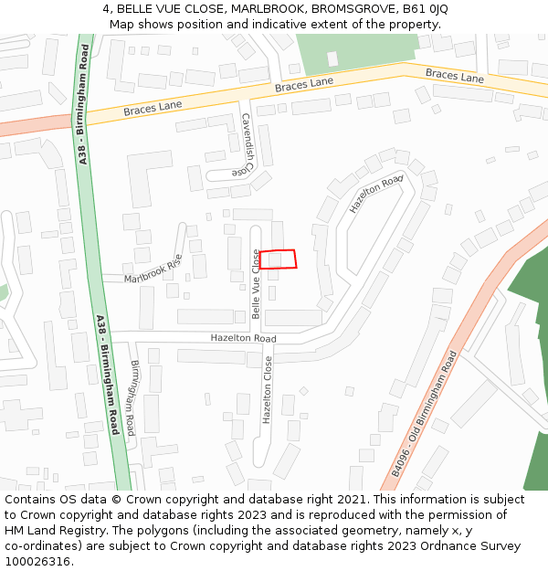 4, BELLE VUE CLOSE, MARLBROOK, BROMSGROVE, B61 0JQ: Location map and indicative extent of plot