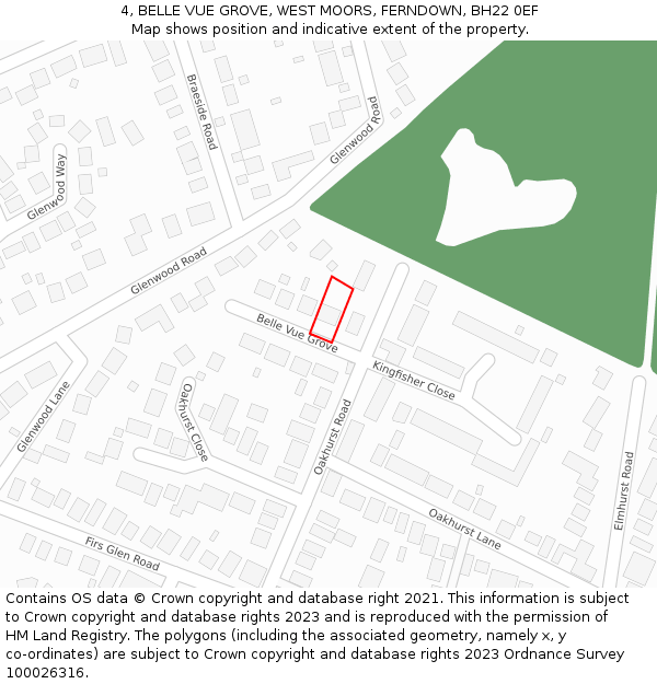 4, BELLE VUE GROVE, WEST MOORS, FERNDOWN, BH22 0EF: Location map and indicative extent of plot