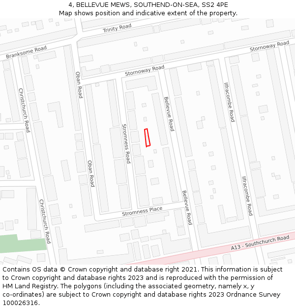 4, BELLEVUE MEWS, SOUTHEND-ON-SEA, SS2 4PE: Location map and indicative extent of plot