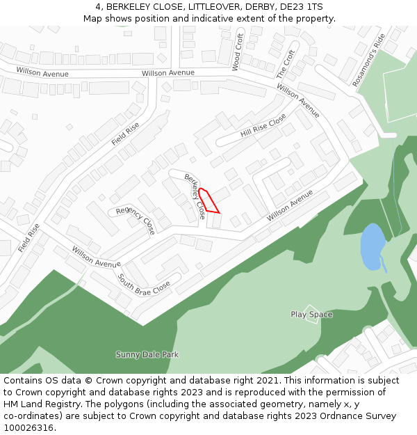 4, BERKELEY CLOSE, LITTLEOVER, DERBY, DE23 1TS: Location map and indicative extent of plot