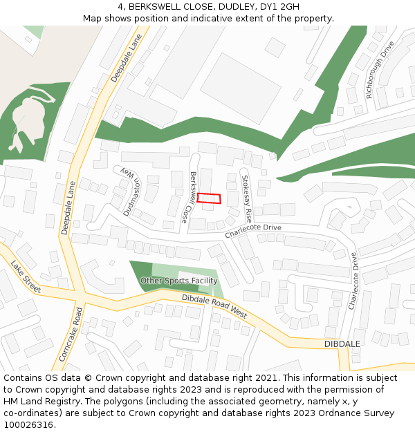 4, BERKSWELL CLOSE, DUDLEY, DY1 2GH: Location map and indicative extent of plot