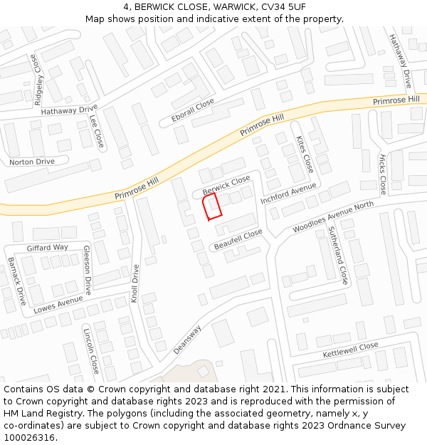 4, BERWICK CLOSE, WARWICK, CV34 5UF: Location map and indicative extent of plot