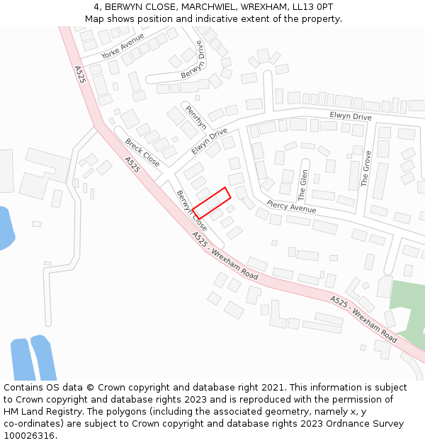 4, BERWYN CLOSE, MARCHWIEL, WREXHAM, LL13 0PT: Location map and indicative extent of plot