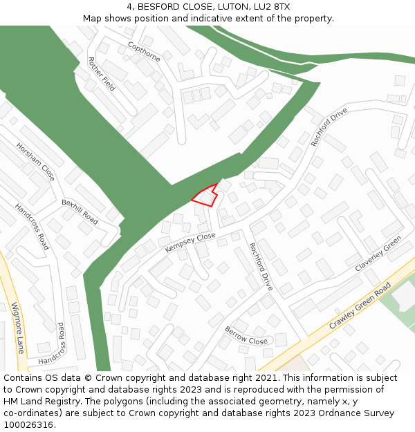 4, BESFORD CLOSE, LUTON, LU2 8TX: Location map and indicative extent of plot