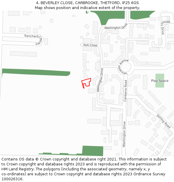 4, BEVERLEY CLOSE, CARBROOKE, THETFORD, IP25 6GS: Location map and indicative extent of plot