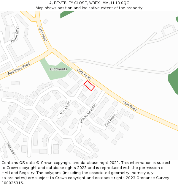4, BEVERLEY CLOSE, WREXHAM, LL13 0QG: Location map and indicative extent of plot