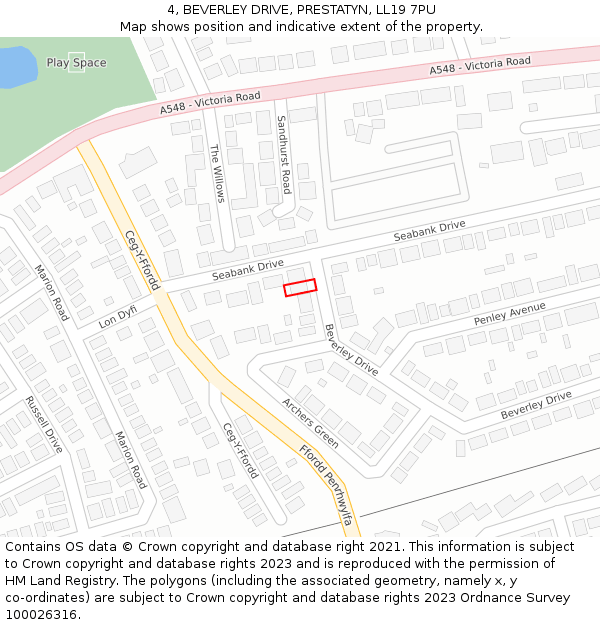 4, BEVERLEY DRIVE, PRESTATYN, LL19 7PU: Location map and indicative extent of plot
