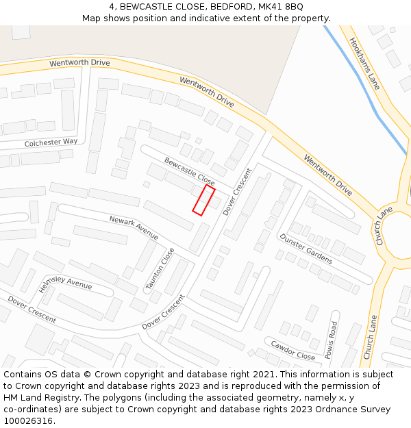 4, BEWCASTLE CLOSE, BEDFORD, MK41 8BQ: Location map and indicative extent of plot