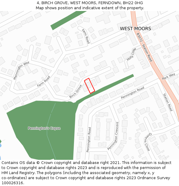4, BIRCH GROVE, WEST MOORS, FERNDOWN, BH22 0HG: Location map and indicative extent of plot