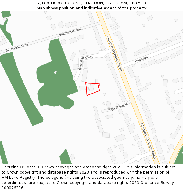 4, BIRCHCROFT CLOSE, CHALDON, CATERHAM, CR3 5DR: Location map and indicative extent of plot