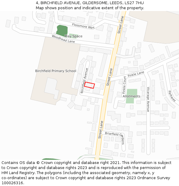 4, BIRCHFIELD AVENUE, GILDERSOME, LEEDS, LS27 7HU: Location map and indicative extent of plot
