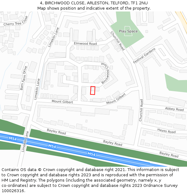 4, BIRCHWOOD CLOSE, ARLESTON, TELFORD, TF1 2NU: Location map and indicative extent of plot