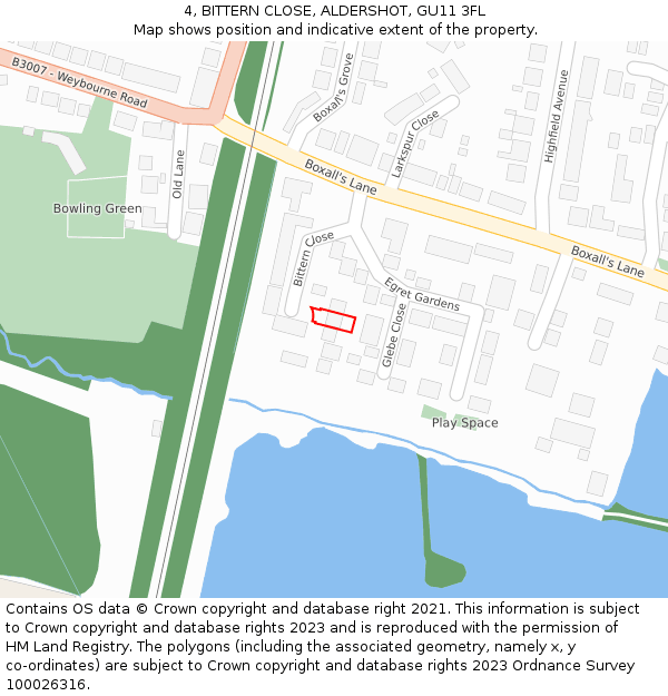 4, BITTERN CLOSE, ALDERSHOT, GU11 3FL: Location map and indicative extent of plot