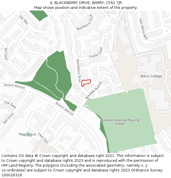 4, BLACKBERRY DRIVE, BARRY, CF62 7JR: Location map and indicative extent of plot